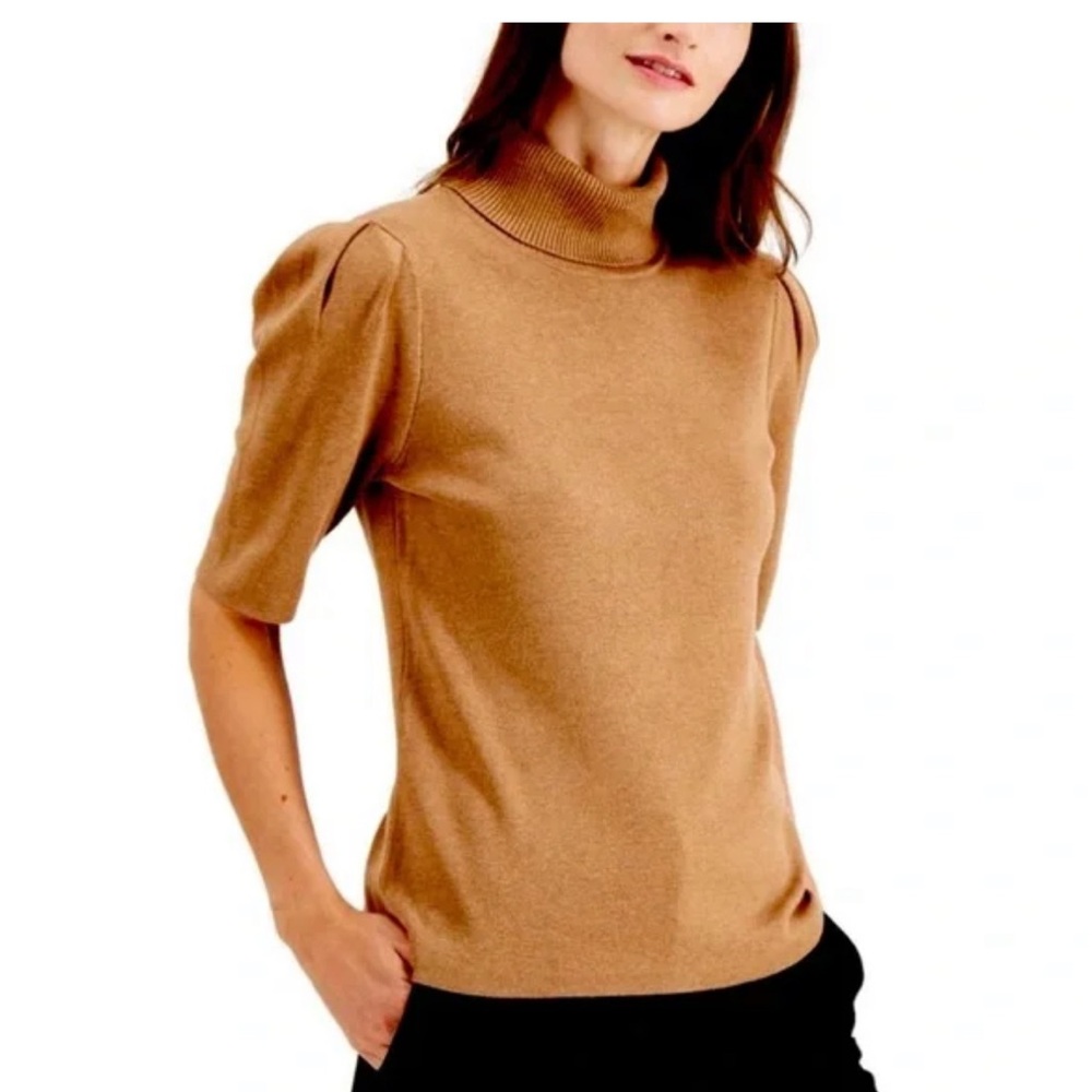 Alfani Tan Ribbed Half Sleeve Turtleneck